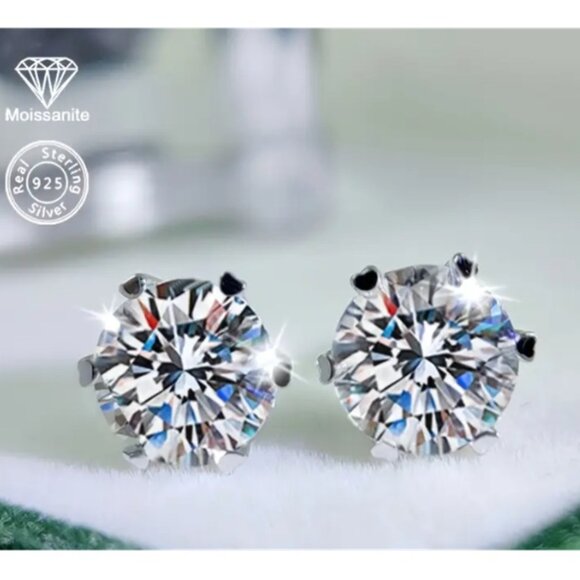 d'vine Products Jewelry - 2 Carat White Moissanite Six-Prong Classic Earring - 925 Sterling Silver